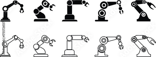 Robotic Arm Icon Set and Industrial Automation Vector Collection Group of Mechanical Robot Hand, Factory Machine, Engineering Technology Symbol in Black Flat and Line Style