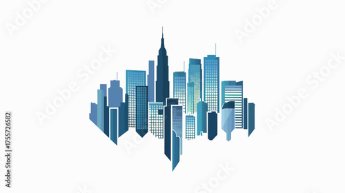 Geometric, blue cityscape illustration with varied heights and window details