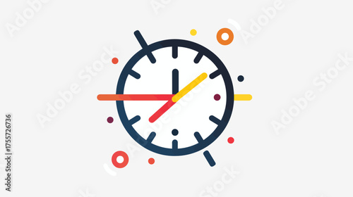 Stylized clock face with bold hands and floating colored circles on white