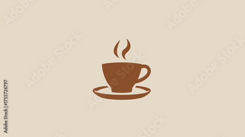 A stylized brown cup of steaming coffee sits on a matching saucer
