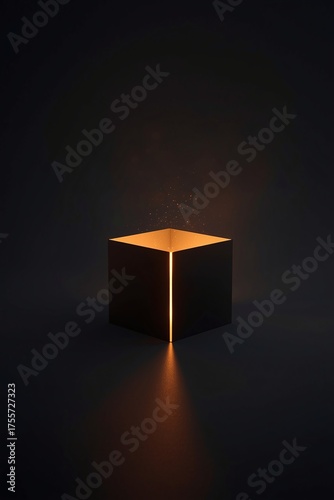 Empty gift box with light inside on dark background