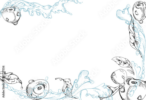 Sweet sour cherry cerise flying in water splashes drops, hand drawn vector ink, ripe line garden berry and leaves. Isolated border frame illustration. Restaurant cafe menu, farmers market, wedding