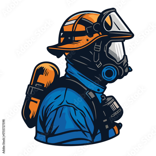 Cartoon Style Detailed Firefighter Wearing Mask and Helmet Emergency Service Illustration