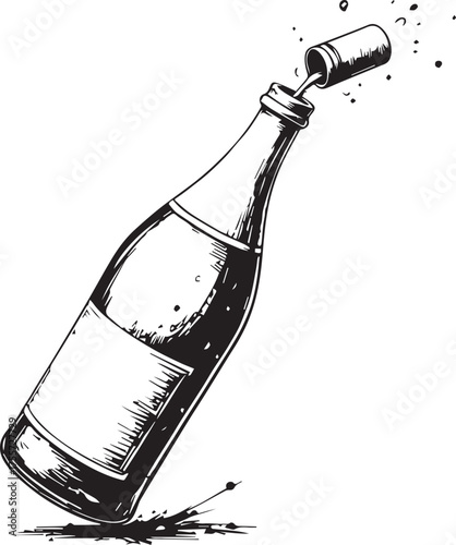 A monochrome illustration captures the dynamic moment of a champagne bottle popping, the cork exploding and liquid spills over. A festive illustration of celebration and joy.