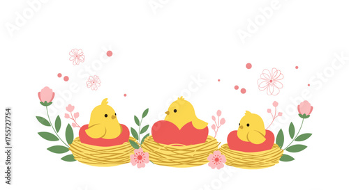 Three adorable yellow chicks nestled in their cozy spring nests surrounded by blooming flowers and delicate leaves.
