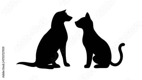 Silhouette of a dog and cat sitting facing each other with a white background in a simple illustration
