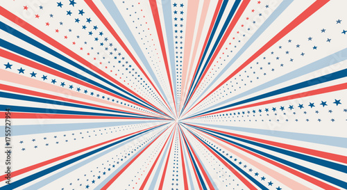 An abstract explosion of radiating lines and dots in patriotic colors creating a sense of dynamic movement and celebration.
