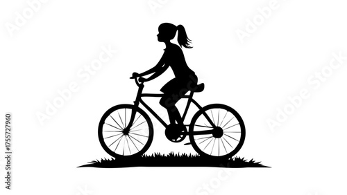 Silhouette of a woman riding a bicycle on grass with a ponytail and skirt in black and white style
