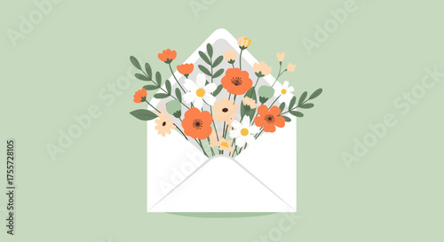 A delicate bouquet of wildflowers spills from an opened envelope on a soft pastel green background.