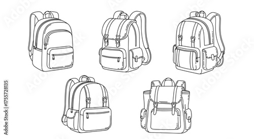 A collection of five hand-drawn illustrations of various backpacks depicted from different angles.