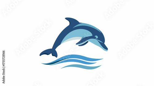 A playful blue dolphin leaps above stylized waves
