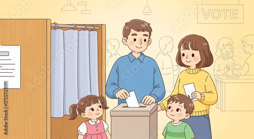 A family casts their ballots at a polling station, participating in democracy.