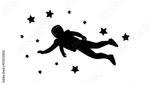 Silhouette of astronaut floating among stars in a vast cosmic expanse against a white background view