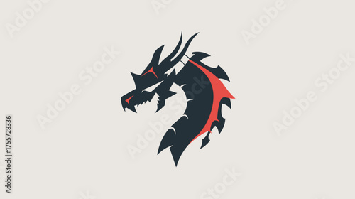 Stylized dark dragon head with sharp teeth and red accents on a light background