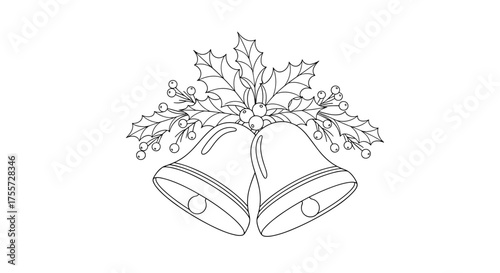 A festive illustration of two jingle bells adorned with holly branches and berries.