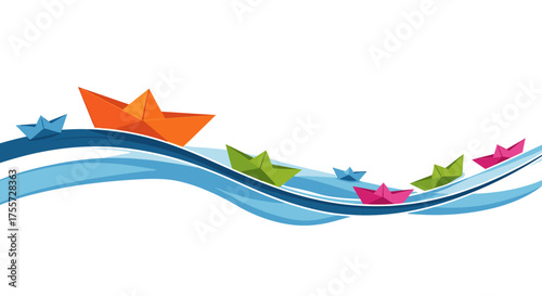 A colorful fleet of origami paper boats sailing on a wavy blue ocean surface.