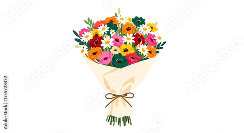 A vibrant bouquet of fresh flowers in a variety of colors, artfully arranged and wrapped.