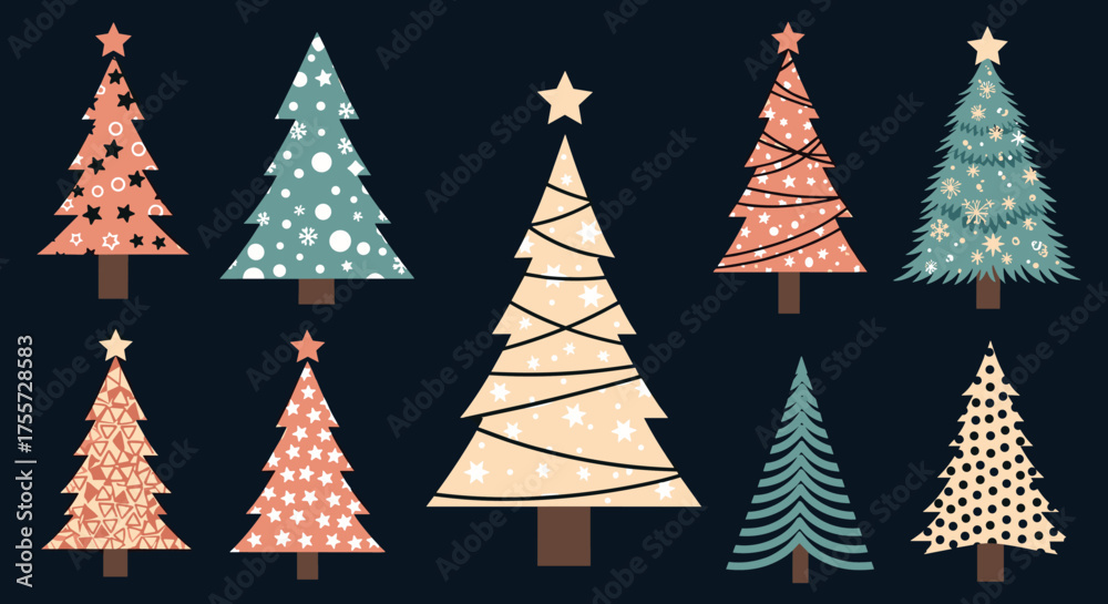 Obraz premium A collection of festive and decorative Christmas trees in various patterns and colors on a dark background.