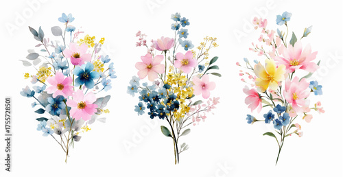 Watercolor set of romantic wildflowers. Delicate bouquets of field and meadow flowers of cosmos, cornflowers and others. Hand drawn illustration of spring fragrant flowers. Vector illustration.