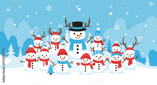 A cheerful gathering of snowmen dressed in festive winter attire enjoying a snowy day in the woods.