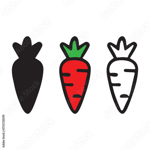 3 cute nice flat black, red, line art carrot vector fruits icon art in white background