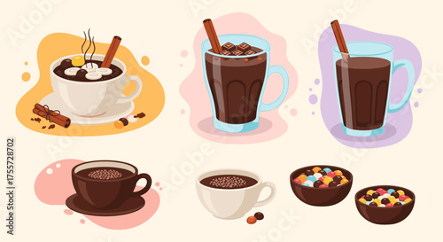 Warm and comforting chocolate drinks with cinnamon sticks and sweet toppings.