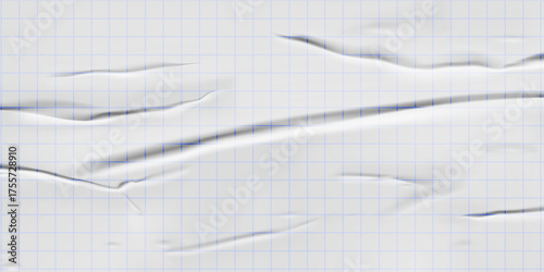 Background of crumpled sheet of aperu in a cell. White blank sheet of notebook or notebook in a cell with effect of wrinkles and folds. Vector texture of paper with mathematical grid.