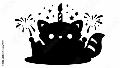 Silhouette of a raccoon with a birthday candle and fireworks celebrating a special occasion moment happy