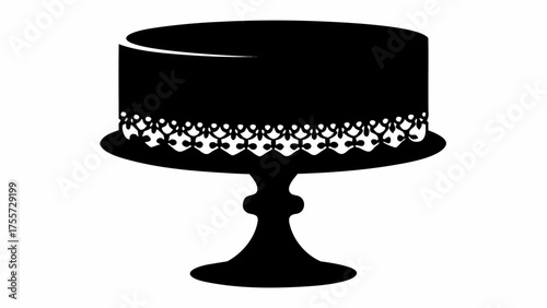 Silhouette of a single tier cake with lace trim on a pedestal stand against a white background space