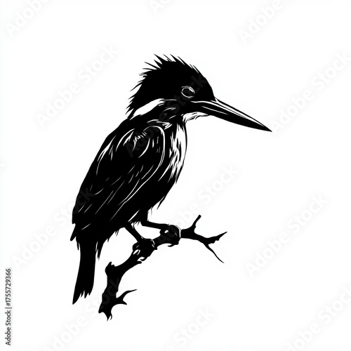 Detailed Black Silhouette Kingfisher Bird Perched Branch Isolated White Background 