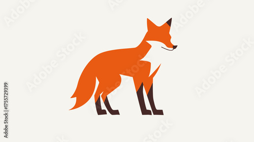 A stylized orange fox stands alert, its form defined by sharp angles on a cream background