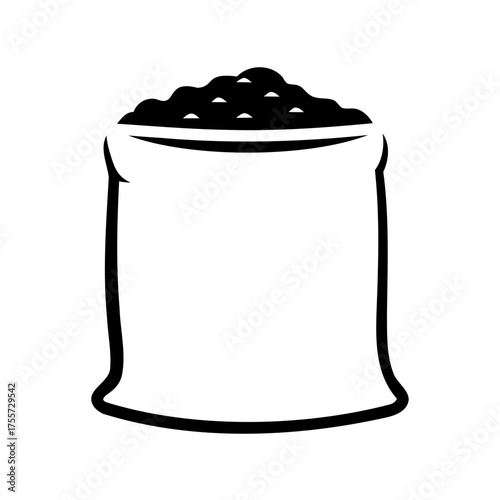 Monochrome sack filled with a product spilling over the top edge