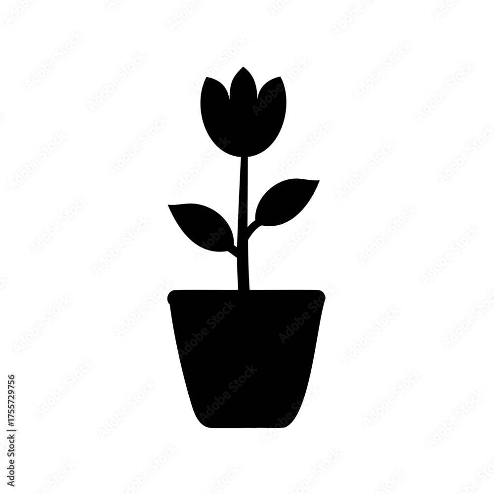 Obraz premium Silhouette of a flowering plant in a pot on a white background
