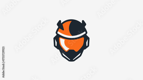 A stylized dark blue and orange helmet with a visor and horns