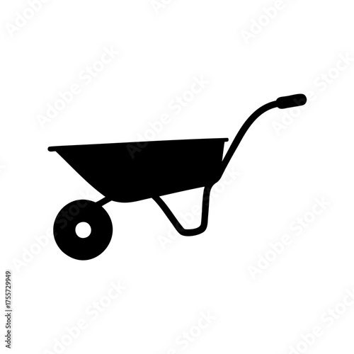 Simple black silhouette of a wheelbarrow used for gardening and landscaping