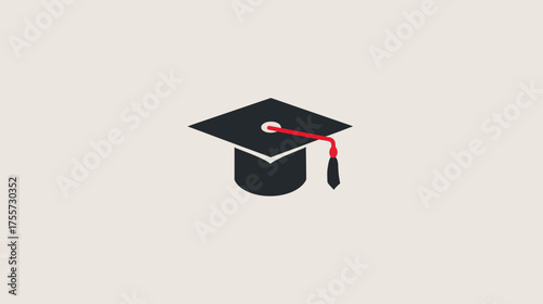 A minimalist, dark mortarboard cap with a red tassel against a light beige background