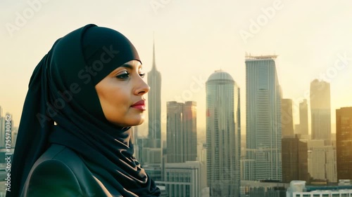 An Arabian businesswoman with hijab in a formal suit against the backdrop of skyscrapers. Businesswoman strides past camera with modern skyscrapers behind.