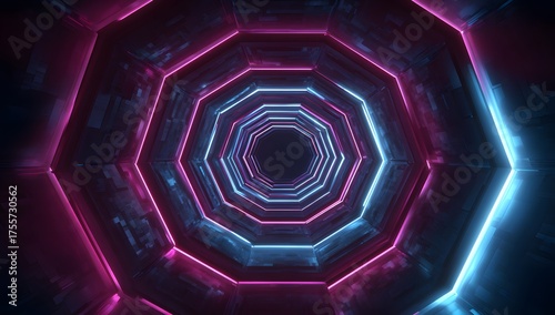 Fototapeta Naklejka Na Ścianę i Meble -  Abstract geometric tunnel with glowing neon octagonal shapes creating a futuristic and immersive visual experience