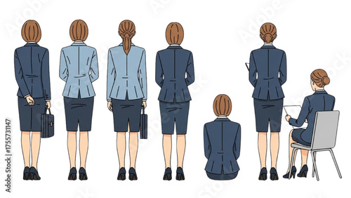 Collection of diverse back views of professional businesswomen in various corporate poses