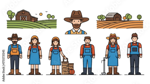 Illustrations of diverse cartoon farmers and essential farm elements depicting agricultural work and serene rural landscapes