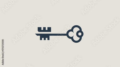 A stylized dark blue key silhouette on a muted beige background