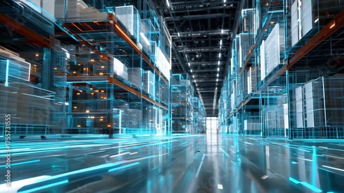 A high tech warehouse featuring digital overlays that highlight advanced storage solutions and automated systems in action