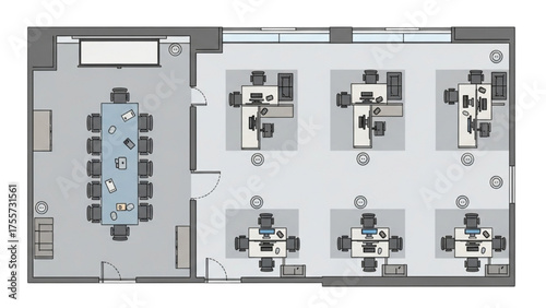 Office Space Layout Conference Room and Individual Workstations in Modern Design