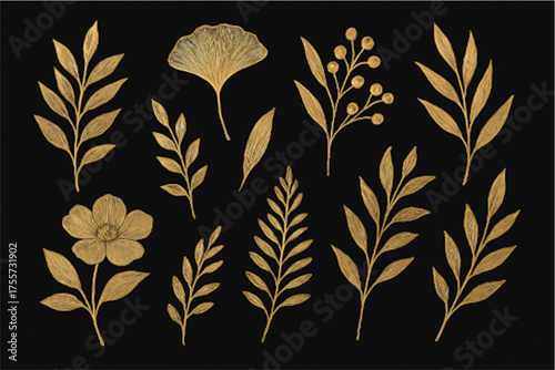 A luxurious gold botanical set on a black background, featuring various golden leaves, branches, and flower shapes with a delicate golden sheen, perfect for elegant and sophisticated designs requiring