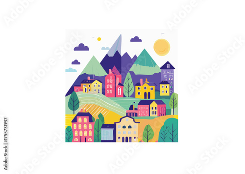 Charming village nestled amidst rolling hills and majestic mountains under a bright sun and fluffy clouds, a picturesque rural landscape illustration