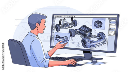 Automotive Engineer Design Car Parts with CAD Software on Computer