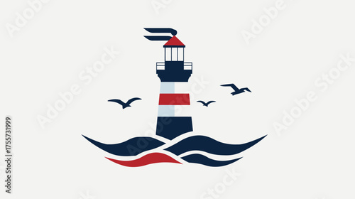 Coastal beacon guides ships through choppy seas under soaring seabirds