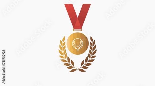 A gold medal with a red ribbon hangs above a laurel wreath