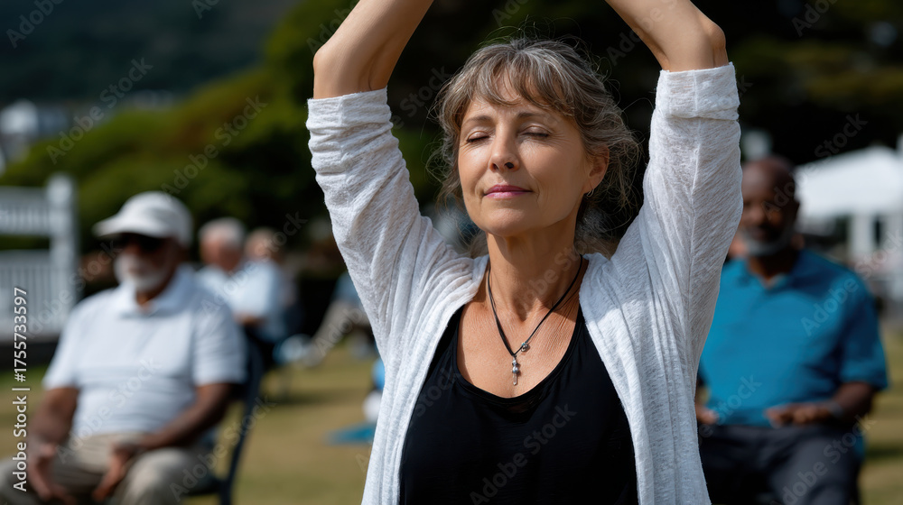 Obraz premium A woman practices yoga outdoors, radiating tranquility and focus, surrounded by others who share a peaceful moment in nature during a class.