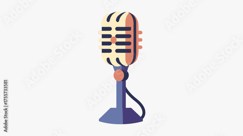 A retro microphone with a pale yellow head and a blue stand